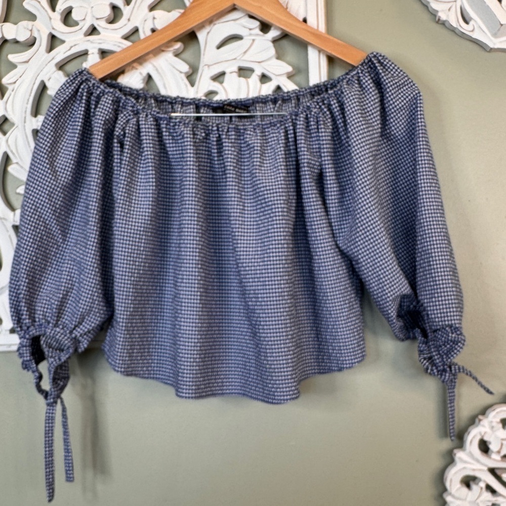 Zara Basic Collection Blue Gingham Cropped Top Crop Peasant Sleeves XS